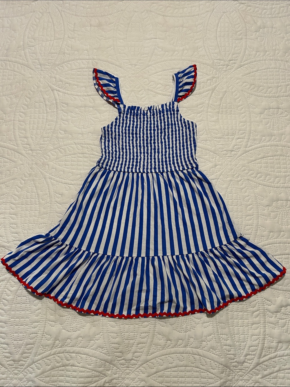 CREWCUTS Girls Blue & White Striped Sleeveless Cotton Dress with Red Trim Sz: 6